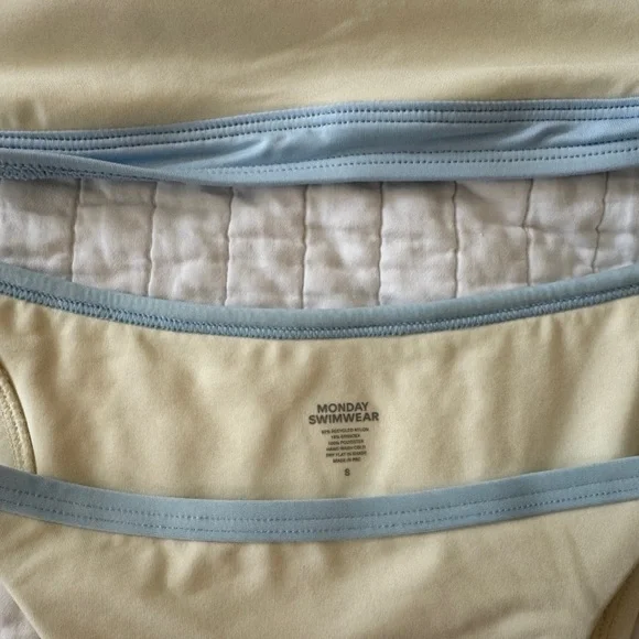 Monday Swimwear Cream and Blue Bikini High Hip Small - Picture 4 of 6